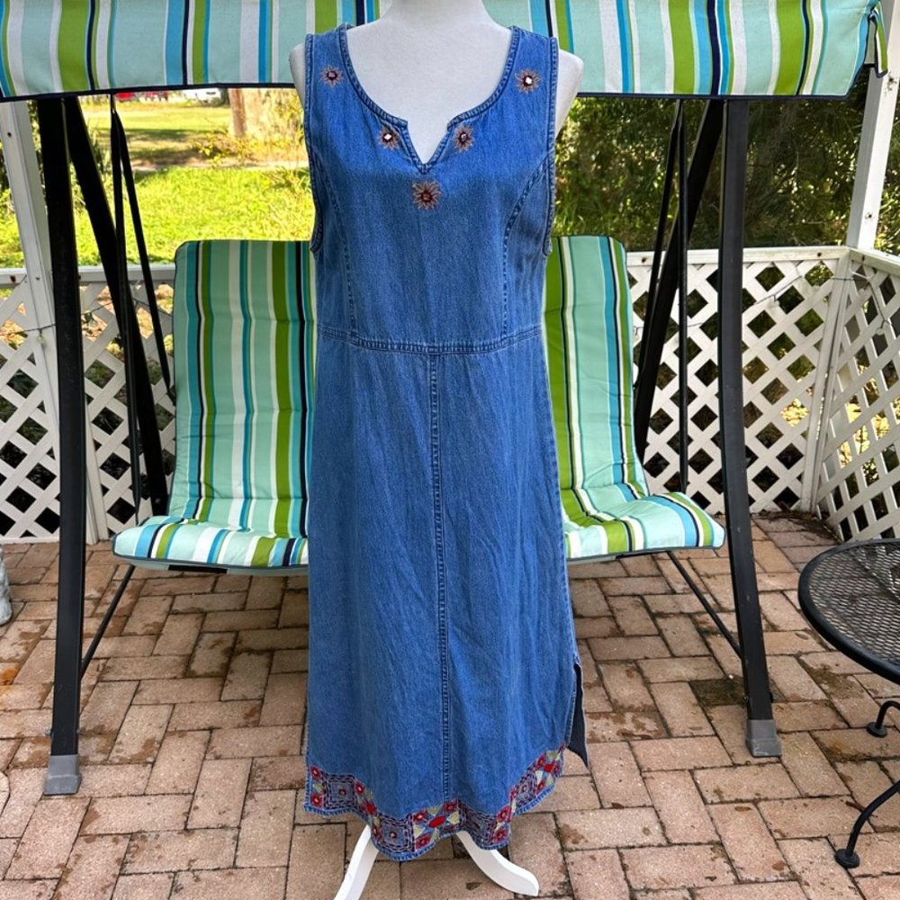 Agapo Denim Dress Womens Medium Floral beaded Embroidered Sleeveless Maxi V-neck